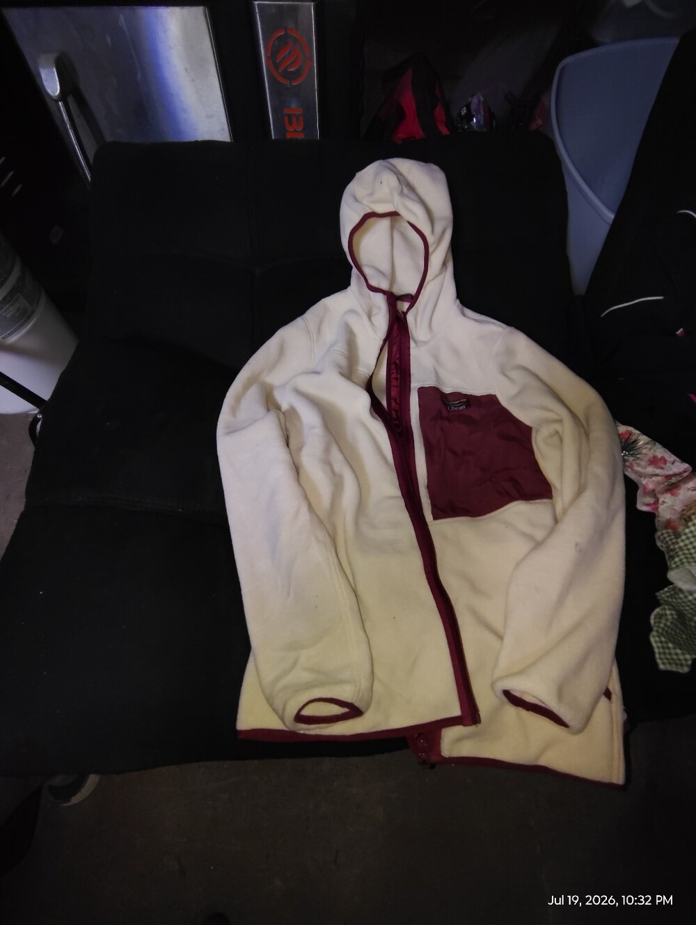 L.L. Bean Cream Hooded Fleece Jacket with Burgundy Trim